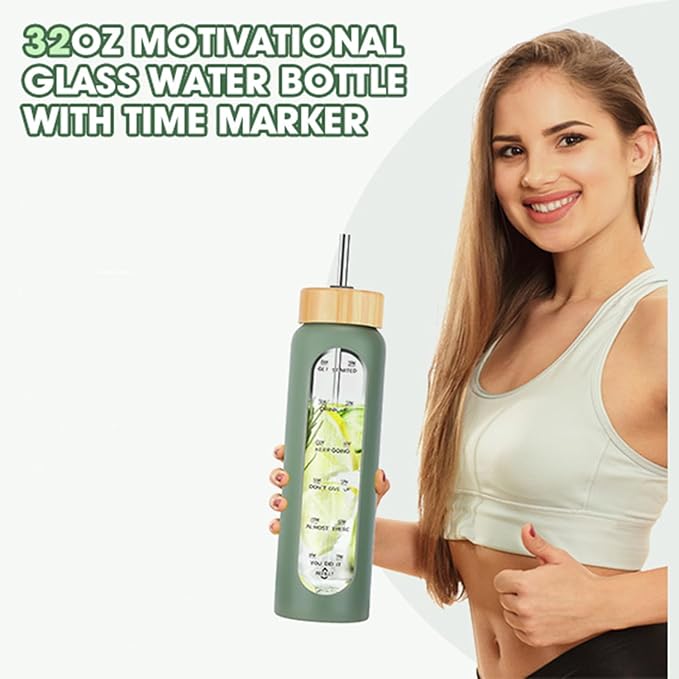 32 oz Glass Water Bottles with Straw - Motivational Glass Water Bottle with Time Marker & Silicone Sleeve(grey)
