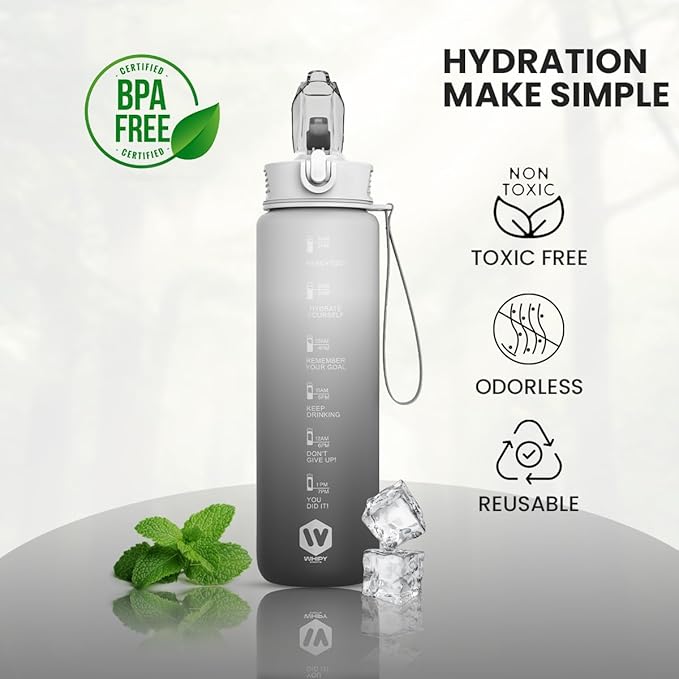 1L Water Bottle with Straw - Leak-Proof & BPA Free Reusable Sports Bottle - Motivational Time Markings for Hydration Durable Drink Bottle for Gym, Sports, Outdoor (Grey and Black)