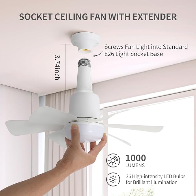 Socket Fan Light with Remote, 3 Color Ceiling Fans with Lights, Dimmable Small Led Ceiling Fan with E26 Base, 1000 Lumens Screw in Ceiling Fan Light for Bedroom, Kitchen, Living Room