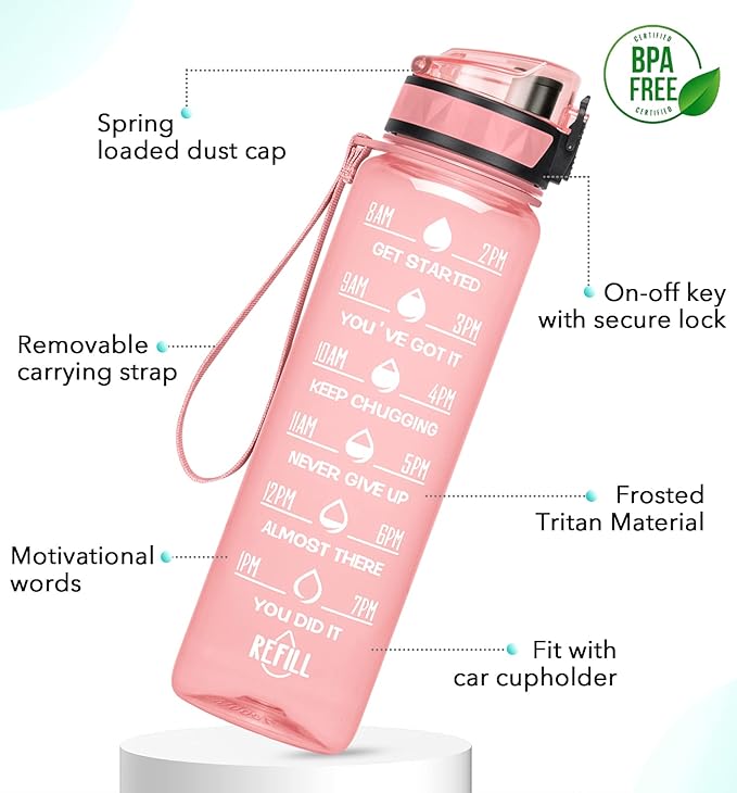 32oz/26oz Motivational Water Bottle with Time Marker & Fruit Strainer, Leak-proof BPA Free Non-Toxic 1l Bottle with Carrying Strap, Perfect for Fitness, Gym and Outdoor Sports Plastic