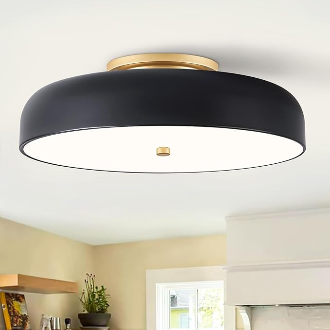 Dimmable LED Ceiling Light Fixture, 2700K-6000K 5CCT Modern Mid-Century Semi Flush Mount Ceiling Light, Black Close to Ceiling Lamp for Bedroom, Living Room, Kitchen, Laundry Room, 15.7in