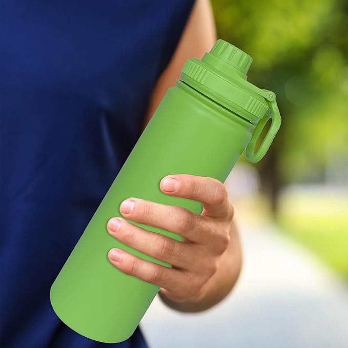 22oz Insulated Water Bottle ，Stainless Steel Sports Water Cup Flask with 2 Lids, Wide Mouth Travel Thermal Mug,Outdoor Sports Bottle（Lemon Green）