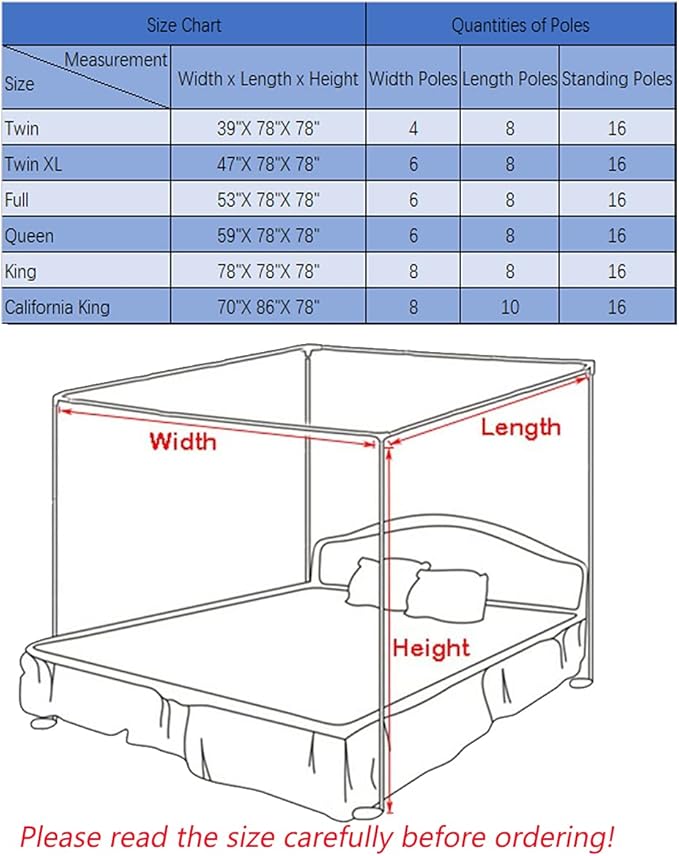 Mengersi Silver Canopy Bed Frame Post Full Size Stainless Steel Four Corner Bed Mosquito Net Frame Bracket Fit for Metal Bed Wood Bed
