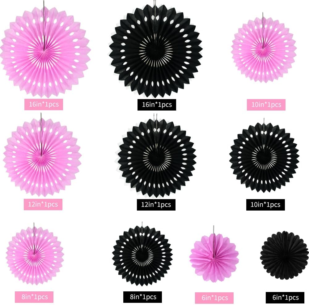 BEISHIDA Pink Black Hanging Honeycomb Round Paper Fans Decoration Bachelorette Theme Tissue Paper Fan Garland for Bridal Shower Women Girls Birthday Wedding Party Supplies（10packs）