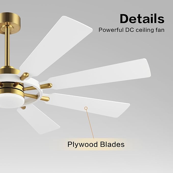 60" Ceiling Fan with Lights and Remote Control, Wood 8 Blades 6-Speed Noiseless Reversible DC Motor, Modern Large Ceiling Fan for Office Bedroom Dining Living Room, Gold Finish+White