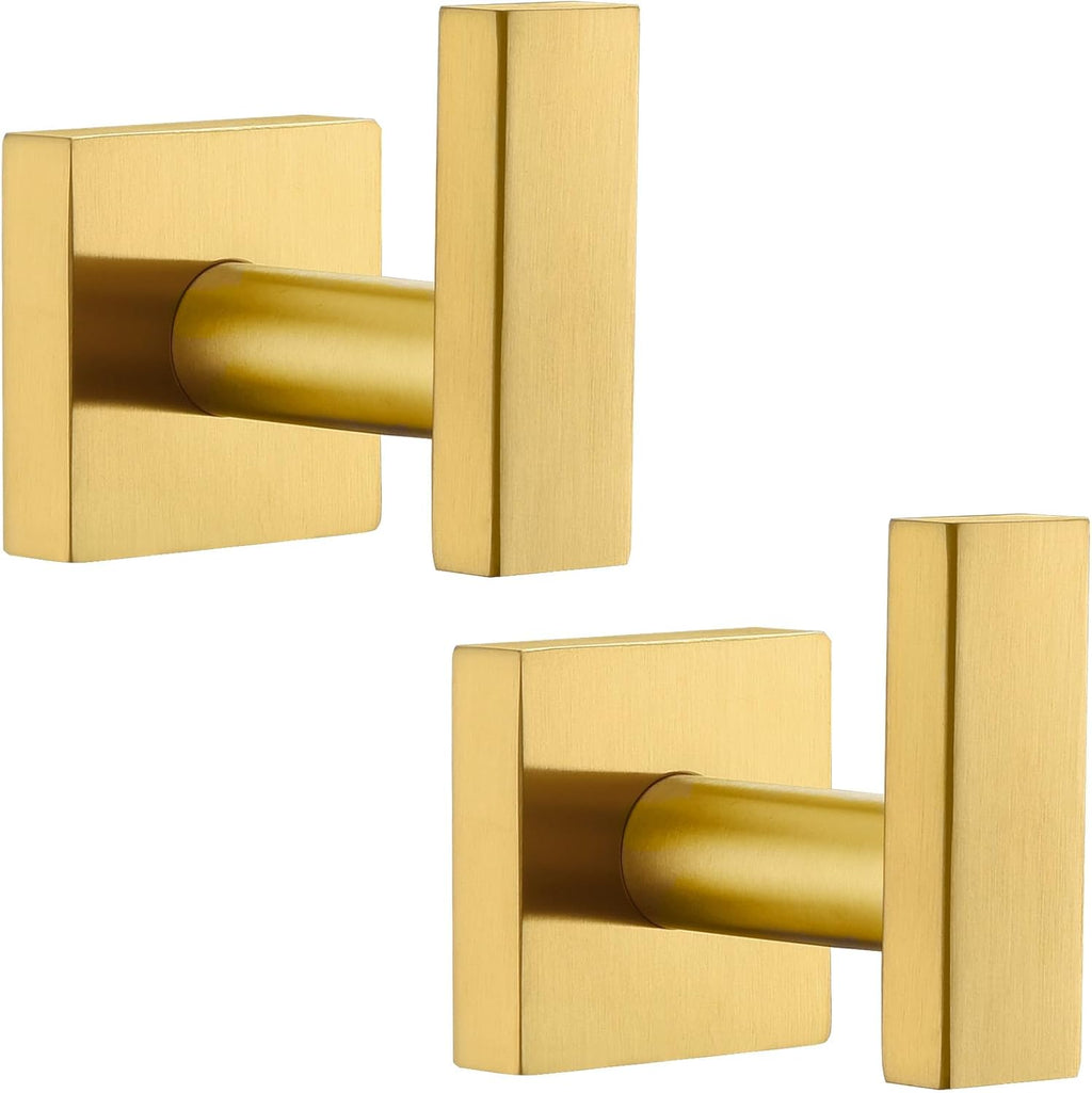 Angle Simple Towel Hooks for Bathroom, SUS 304 Stainless Steel Square Robe Coat Wall Hooks, Hand Towel Holder, Brushed Gold, 2 Pack