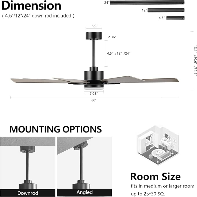 80" Ceiling Fan with Lights and Remote Control, Wood 8 Blades 6-Speed Noiseless Reversible DC Motor, 3 Downrods, Modern Indoor/Outdoor Ceiling fan for Office Porch Dining Living Room, Black+Wood