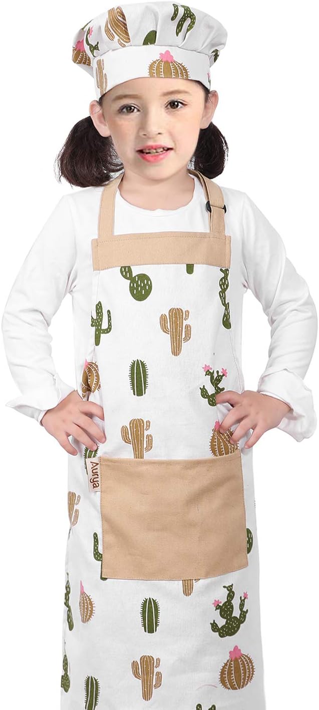 Kids Apron and Chef Hat Set-Adjustable Child Apron for Boys and Girls for Cooking Baking