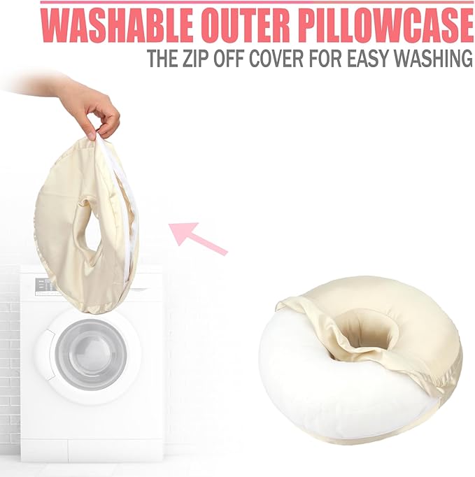 Satin Ear Piercing Pillow Removable Cover Luxury Cnh Pillow with Ear Holes for Ear Pain Side Sleepers Washable Large Donut Pillows Head Neck Support Champagne