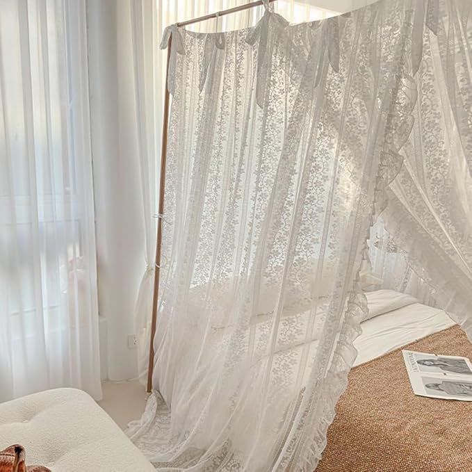 Elegant Princess 4 Corner Post Mosquito Net Romantic for Girls Women Bed Curtain Canopy for Adult Wedding Bedroom Kids Rooms Decoration (Type2-White-Flower, California King)