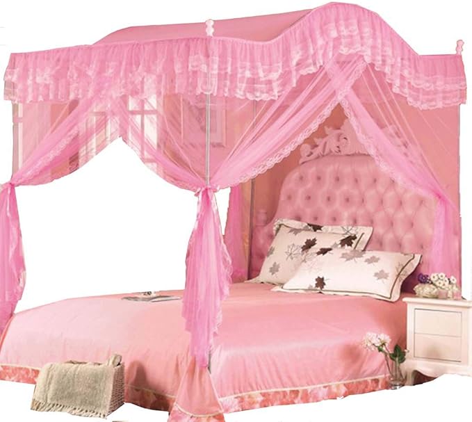 Mengersi Arched 4 Corners Post Bed Curtain Canopy Net Square Princess Fly Screen, Indoor Outdoor (Queen, Pink)