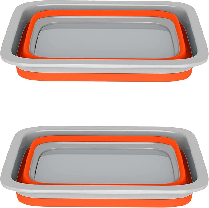 Set of 2 Multipurpose Wash Bins – 10-Liter Basins for Travel or Cleaning – Collapsible Bucket Camping Accessories by Wakeman (Orange)