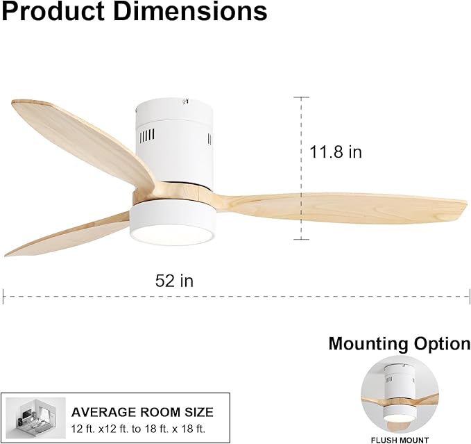 Sofucor 52 Inch Low Profile Ceiling Fan with Lights Remote Control Wood Blades Reversible DC Motor Modern Ceiling Fan for Kitchen, Bedroom, Basement, Dining, Living Room, Light Wood
