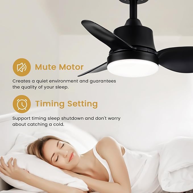Black small Ceiling Fan with Light 24-Inch, Remote Control, 3-Color Dimmable, Reversible, 6-Speed - Ideal for Kitchen, Bedroom, Balcony, Study - Easy Installation