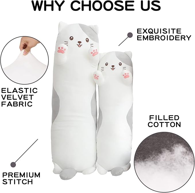 35.4" Cat Stuffed Animal, Soft Long Pillow Doll Cute Cartoon Kitten Plush Hugging Pillow Plushies Toy Gift for Kids, Girls,Birthday,Valentine,Easter