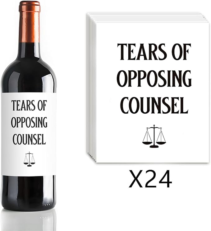 24Pcs Lawyer Graduation Wine Labels Lawyer Appreciation Gifts Wine Bottle Stickers Tears of Opposing Counsel Wine Labels for Bottles Gifts for Women Men