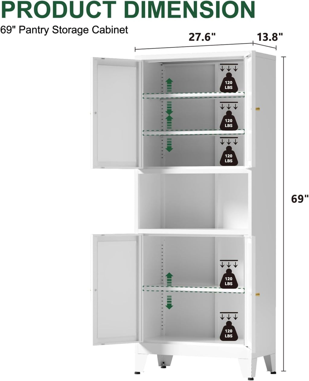 69" Tall Kitchen Pantry Cabinet, Metal Storage Cabinet with 4 Doors and Adjustbale Shelves, Freestanding Cupboards for Dining Room, Living Room, Bathroom