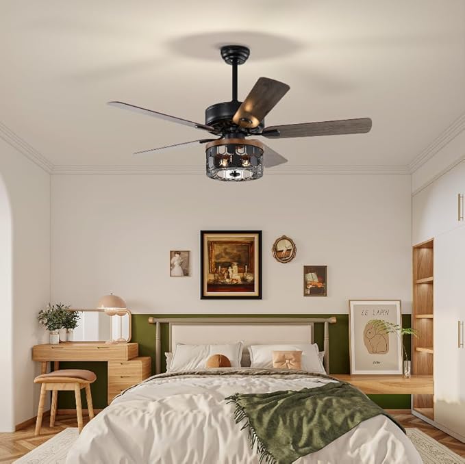 NicBex Ceiling Fan 52 Inch Ceiling Fan with Lights Vintage Ceiling Fans with 5 Blades and Remote Control Ceiling Fan with Round Lamp Shade for Bedroom, Living Room, Matte Black
