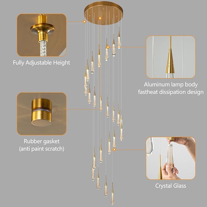 LMQNINE 24 Light Modern Crystal Chandelier Dimmable LED High Ceiling Chandelier Crystal Bubble Gold Pendant Lights Living Room Lobby 120W Staircase Chandeliers