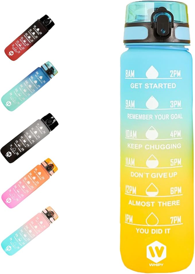 32 oz Water Bottle with Time Marker- Leak-Proof & BPA Free Reusable Gym Water Bottle - Easy to Carry Motivational Water Bottle for Fitness, Sports, Outdoor, Cycling, School (Yellow & Blue)