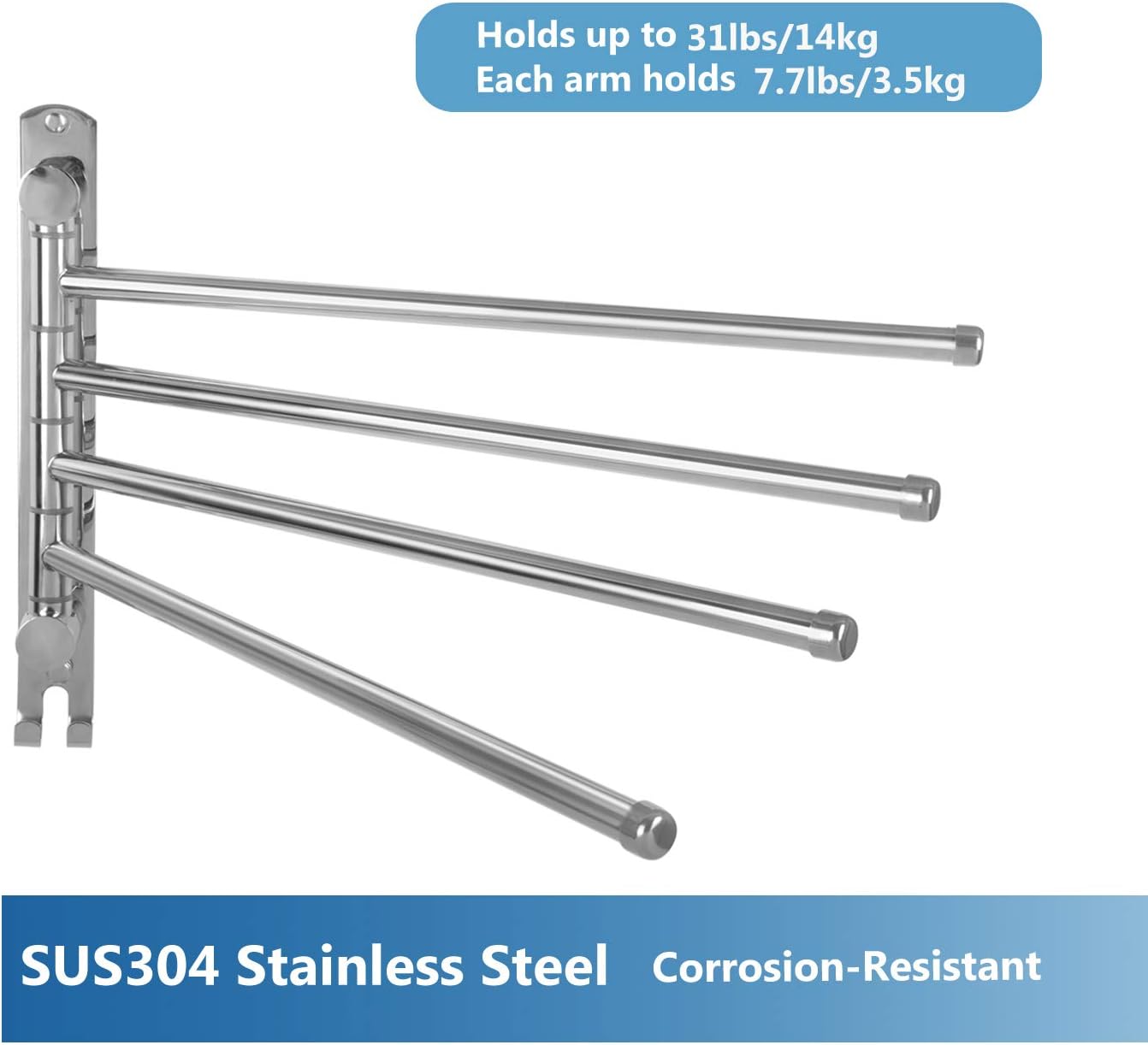 Bathroom Towel Rack JSVER 4 Arms Swivel Towel Holder, Towel Bar Wall Mounted, SUS304 Stainless Steel Space Saving Towel Rack, Towel Racks for Bathroom, Kitchen