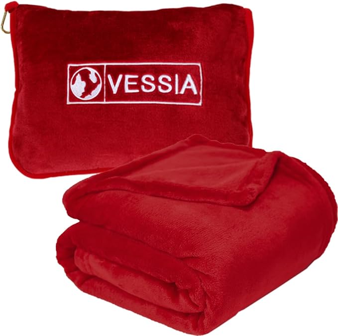 Vessia Travel Blanket for Airplane, Train and Car, Warm and Soft Travel Blanket in Bag for Adults and Kids, Portable Compact Long Flight Blanket with Luggage Sleeve, Backpack Clip(Red)