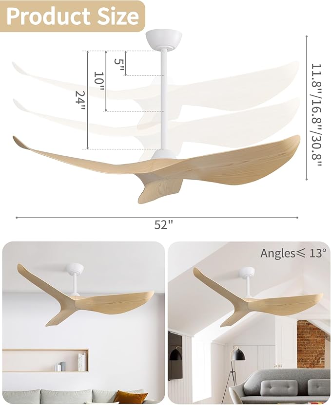 CACI Mall Ceiling Fans Without Lights - 52 Inch Flush Mount Ceiling Fan with 6 Speeds 3 Timer Remote, Quiet Reversible DC Motor and 5"/10"/25" Replacement Downrods (Light Wood Blades)