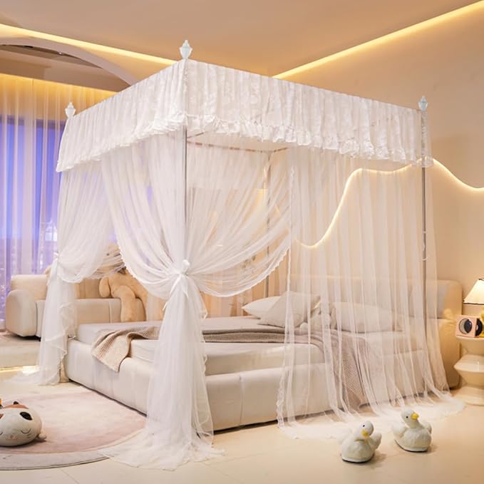 Mengersi Canopy Bed Curtains Bed Canopy,Canopy for Bed Curtains-Cozy Drape Netting,Princess Bed Drapes for Girls Adults Bedroom Decoration(Queen,White)