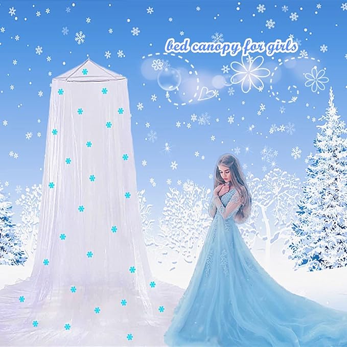 Eimilaly Princess Bed Canopy Glow in The Dark, Christmas Snowflakes Bed Canopy for Girls Room Decor, Encrypted Fabric, Pink