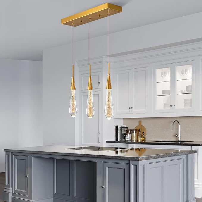 LMQNINE 3 Light Gold Pendant Light Ceiling Dimmable LED Modern Kitchen Light Fixtures Mini Teardrop Crystal Pendant Light for Kitchen Island Bedroom Hallway Entryway