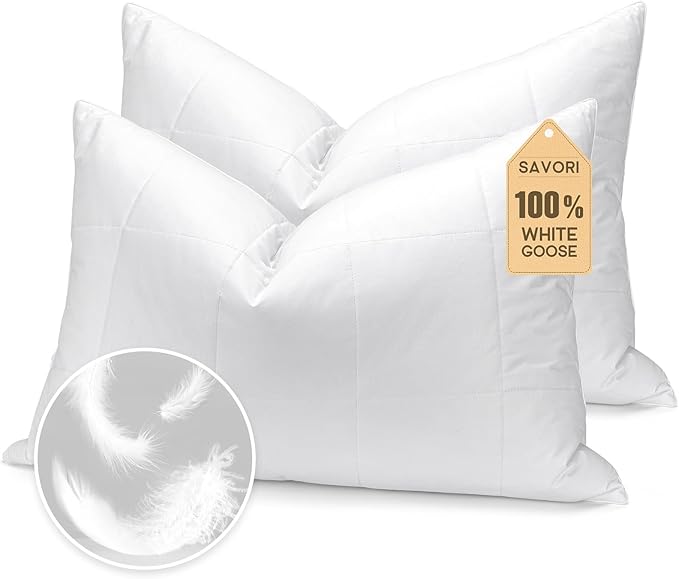 SAVORI Pack of 2 Goose Down Feather Pillows with 100% Cotton Cover, Soft Hotel Bed Pillow for Sleeping, Cooling Pillow for Back, Stomach or Side Sleepers, King Size-White 20x36 Inch