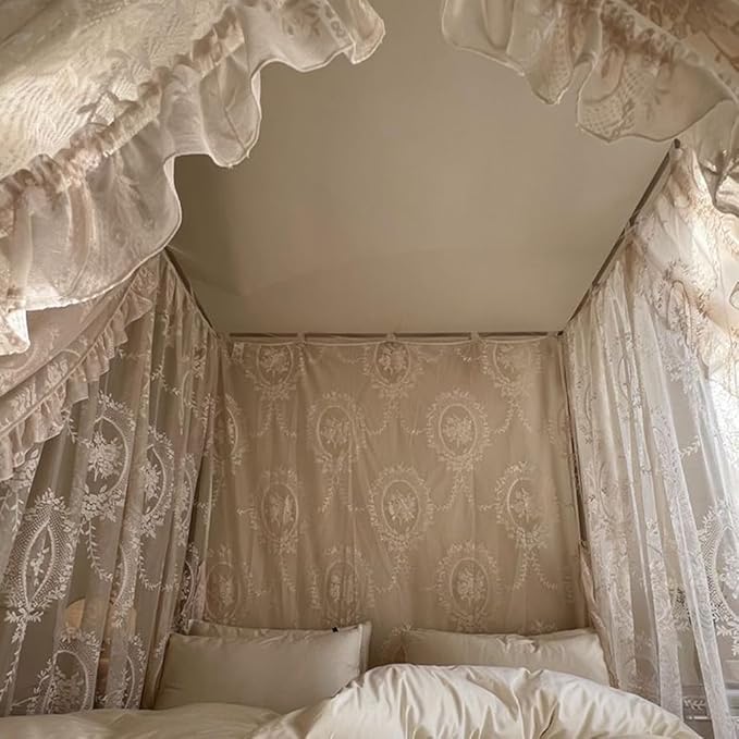 Elegant Lace Princess 4 Corner Post Mosquito Net Romantic for Girls Women Bed Curtain Canopy for Adult Wedding Bedroom Kids Rooms Decoration (Color-C, Queen)