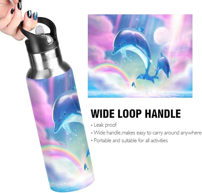 22 OZ Lovely Dolphins Water Bottle with Straw - BPA Free Leakproof Stainless Steel Water Bottle for Women Men Water Jug for Fitness Gym Outdoor Sport