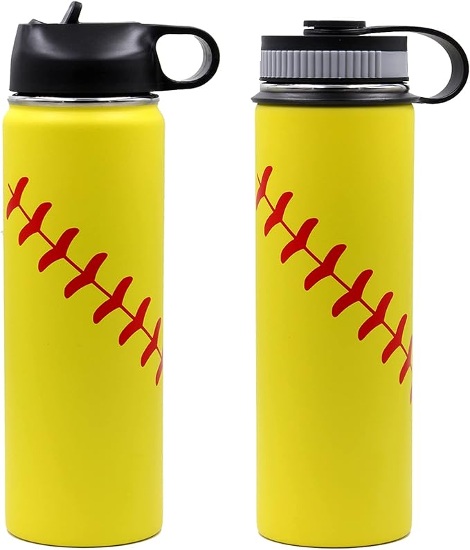 22 oz Softball Water Bottle, Sports Flask Metal Travel Tumbler with 2 Lids 18/8 Stainless Steel Double Wall Vacuum Insulated Hot/Cold (22oz, Yellow Softball)