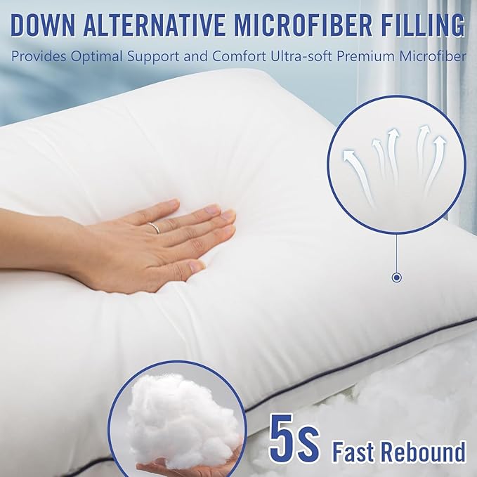 Hotel Collection Bed Pillows for Sleeping 4 Pack Standard Size Cooling Pillows Set of 4 for Back, Stomach or Side Sleepers, Super Soft Down Alternative Microfiber Filled Pillows