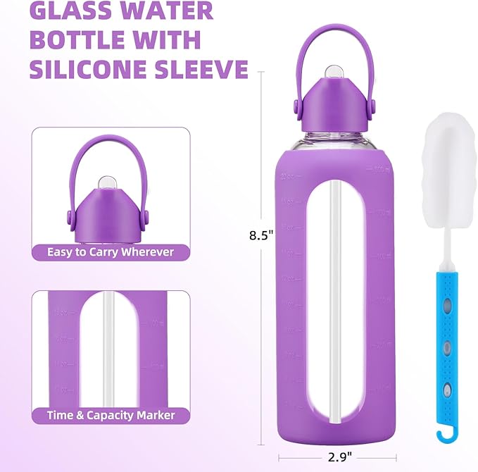 20 oz Glass Water Bottles with Straw Borosilicate Glass Water Bottle with Time Marker Motivational Water Bottles with Silicone Sleeve Leak Proof Reusable BPA Free