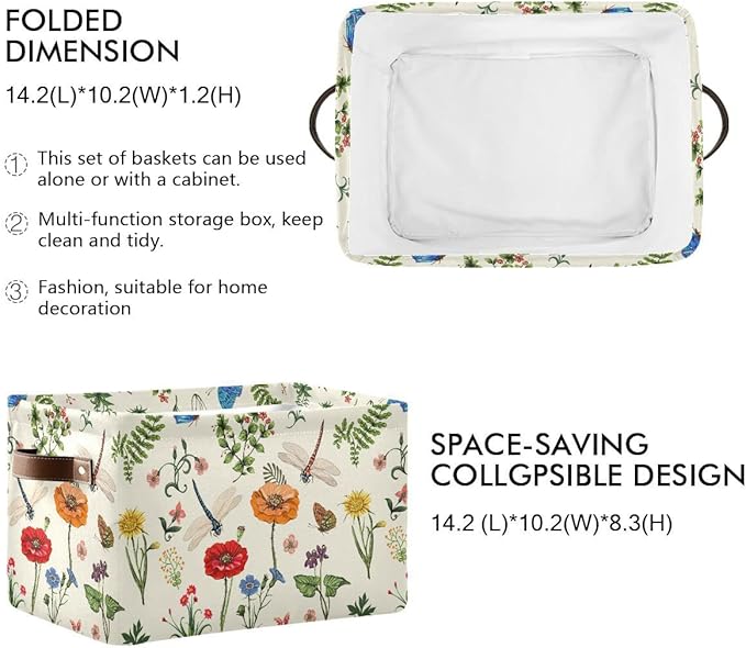 Spring Flowers Herbs Dragonfly Storage Basket Fabric Laundry Baskets Sunflower Lavender Daisy Storage Boxes Organizer Bag for Baby Cloth Dog Toy Book Storage Cubes Shelf Closet Bins 16x12x8 Inches