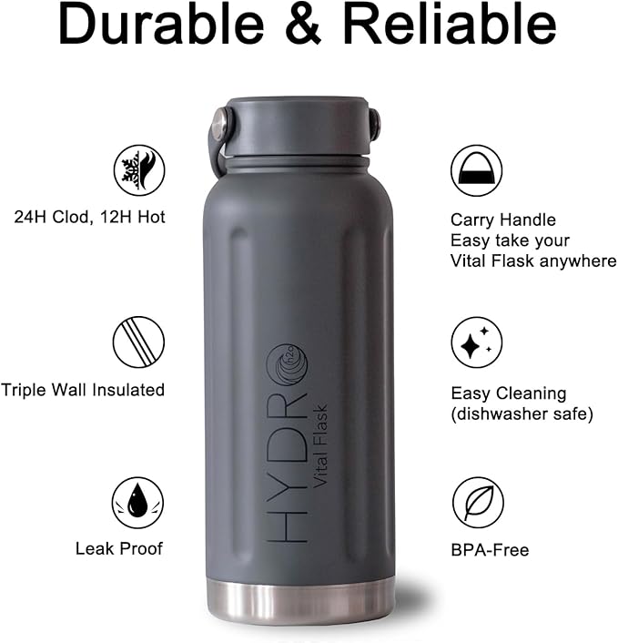 32 oz Insulated Water Bottles with Handle, Stainless Steel Water Bottle, Leak Proof Metal Water Bottle, Resuable Thermos BPA Free Flask, Gray 25oz | 32oz