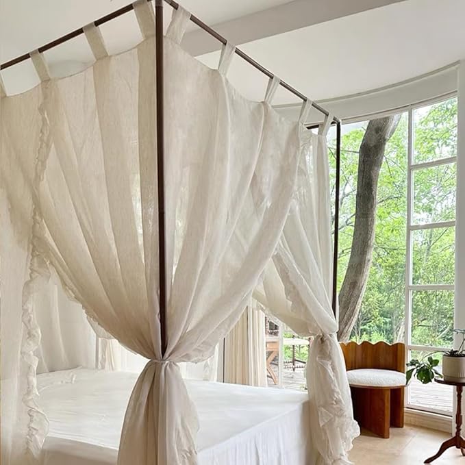 Elegant Modern Linen Princess 4 Corner Post Mosquito Net Romantic for Girls Women Bed Curtain Canopy for Adult Wedding Bedroom Kids Rooms Decoration (White-Beige, Queen)