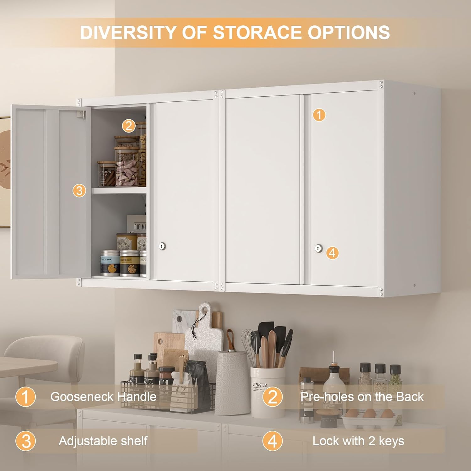 Wall Cabinet,Metal Storage Cabinet with 2 Doors,Locking Wall Cabinets for Office,Home,White