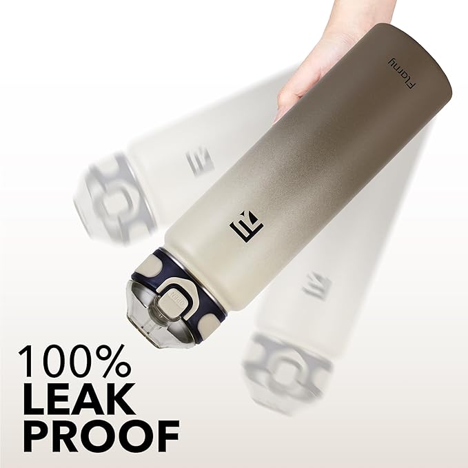 32 oz Insulated Water Bottle with Straw, Stainless Steel Metal Thermos Bottles, Durable Non-Slip Gradient Bottle with Strap for Sports and Travel, Leak Proof (White Gray)