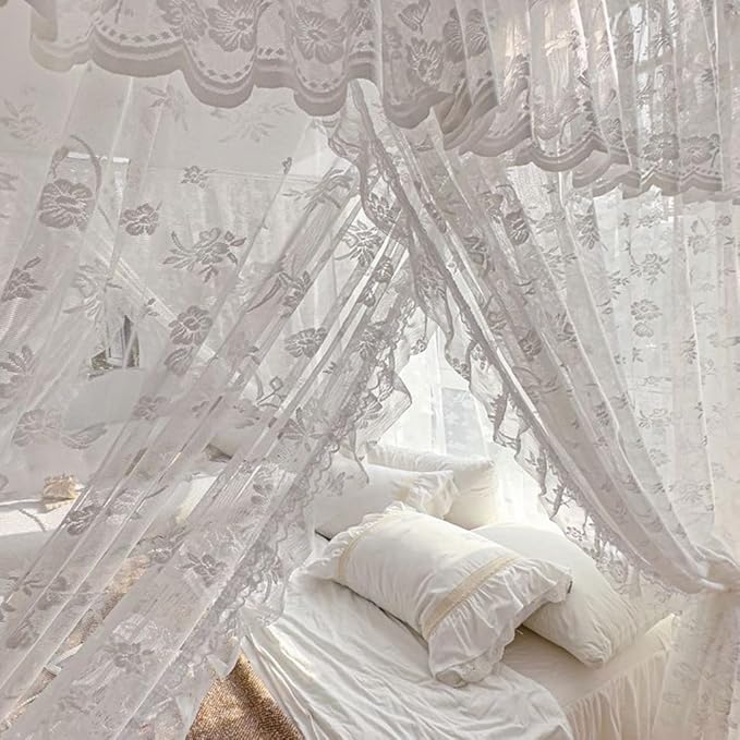Elegant Princess 4 Corner Post Mosquito Net Romantic for Girls Women Bed Curtain Canopy for Adult Wedding Bedroom Kids Rooms Decoration (Type2-Beige-White, Queen)