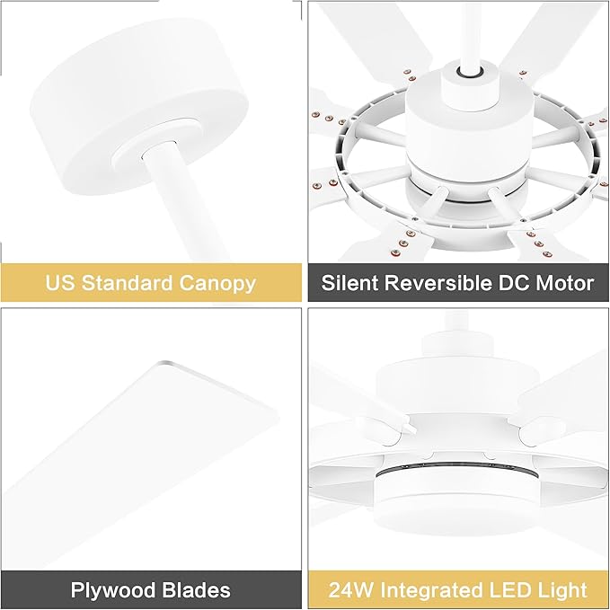 72" Ceiling Fan with Lights and Remote Control, Wood 8 Blades 6-Speed Noiseless Reversible DC Motor, 3 Downrods, Modern Large Ceiling fan for Covered Patio Bedroom Living Room Office, White