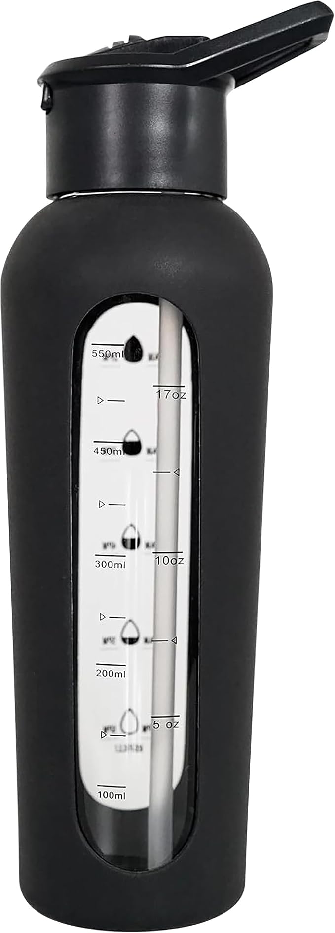 24oz Glass Motivational Water Bottle with Flip Lid Straw, Silicone Protective Sleeve, Handle, Reusable BPA Free (Black)