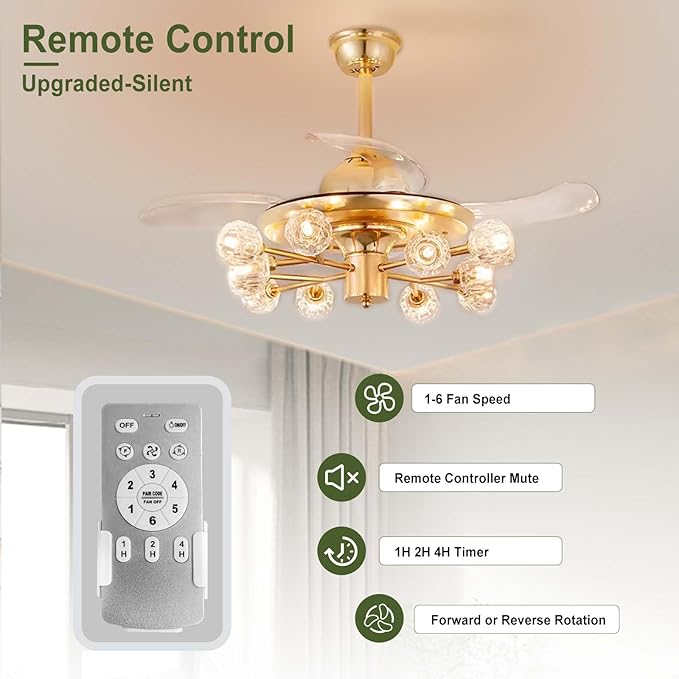 48" Chandelier Ceiling Fans with Lights: 12-Light Sputnik Crystal Ceiling Fan Chandelier - Modern Retractable Fandelier Ceiling Fan for Dining Living Room Bedroom - Gold Fandelier with Lights