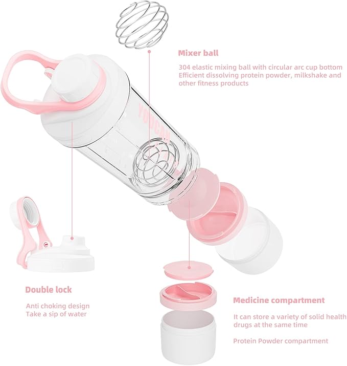 21oz Protein Shaker Bottle with Powder Storage Container-Shaker Cups for Protein Shakes-pre workout bottle-Mixer Cup-Gym Sport Water Bottle -Made with Tritan BPA Free,with Wire Whisk Balls,Pink