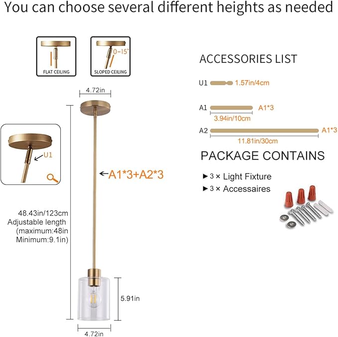 Brass Pendant Lights Kitchen Island - Gold Clear Glass Pendant Light Fixture Multiple Stems Rods 3 Units 12 Inch 3 Units 4 Inch (3 Pack Brass)