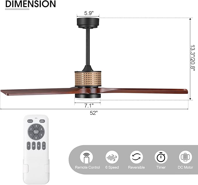 52" Ceiling Fan with Light and Remote, 3 Solid Wood Blades, Noiseless Reversible DC Motor Ceiling Fan with 4.5"/12" Downrods for Bedroom/Living Room/Porch (Black/Walnut)