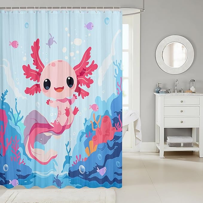 Feelyou Boys Girls Cute Axolotl Bath Curtain Ocean Sealife Shower Curtain Kids Cartoon Salamander Bathroom Shower Curtain Set Kawaii Teens Bathroom Accessories Room Decor 72"x84"