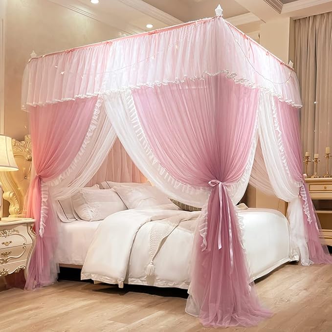Mengersi Canopy Bed Curtains with Lights,4 Corner Bed Canopy Royal Luxurious Bed Drapes Netting,Princess Bed Curtains for Girls Adults Bedroom Decoration (Pink, California King)